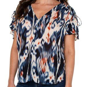 NWT Liverpool Shirred V-Neck Dolman Top With Tie Details In Ikat Print